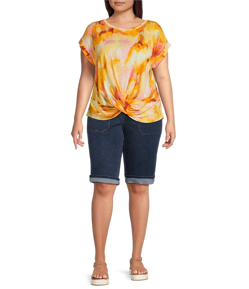 Democracy Plus Size Tie-Dye Print Scoop Neck Short Roll Cuff Sleeve Twist Front Hem Top