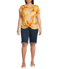 Democracy Plus Size Tie-Dye Print Scoop Neck Short Roll Cuff Sleeve Twist Front Hem Top