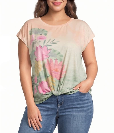 Democracy Plus Size Scoop Neck Cap Sleeve Floral Placement Print Knit Tee Top