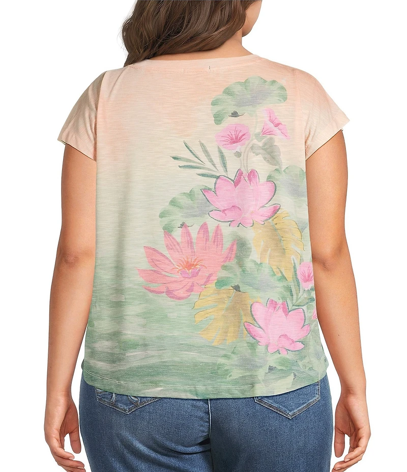 Democracy Plus Size Scoop Neck Cap Sleeve Floral Placement Print Knit Tee Top