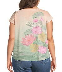 Democracy Plus Size Scoop Neck Cap Sleeve Floral Placement Print Knit Tee Top