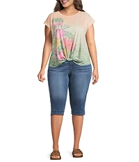 Democracy Plus Size Scoop Neck Cap Sleeve Floral Placement Print Knit Tee Top