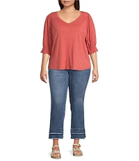 Democracy Plus Size Solid Relaxed Knit V-Neck Elbow Sleeve Top