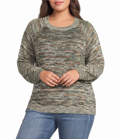 Democracy Plus Size Space-Dye Print Round Neck 3/4 Sleeve Sweater