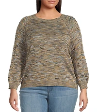 Democracy Plus Size Space-Dye Print Round Neck 3/4 Sleeve Sweater