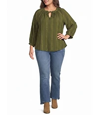 Democracy Plus Size Stripe Split V-Neck 3/4 Blouson Sleeve Top
