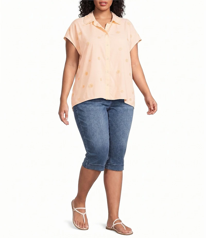 Democracy Plus Size Textured Dot Ruffle Point Collar Short Sleeve Woven Top