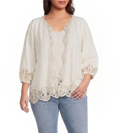 Democracy Plus Size Woven 3/4 Blouson Sleeve Crochet Framing Open-Front Crop Jacket