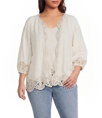 Democracy Plus Size Woven 3/4 Blouson Sleeve Crochet Framing Open-Front Crop Jacket