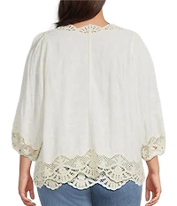 Democracy Plus Size Woven 3/4 Blouson Sleeve Crochet Framing Open-Front Crop Jacket