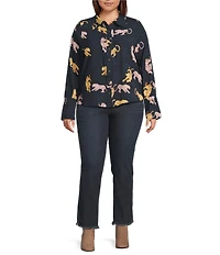 Democracy Plus Size Woven Animal Print Point Collar Long Sleeve Button Front Shirt