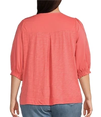 Democracy Plus Size Woven Embroidered Yoke Henley Collar Below Elbow Length Sleeve Top