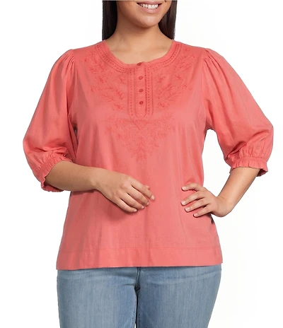 Democracy Plus Size Woven Embroidered Yoke Henley Collar Below Elbow Length Sleeve Top
