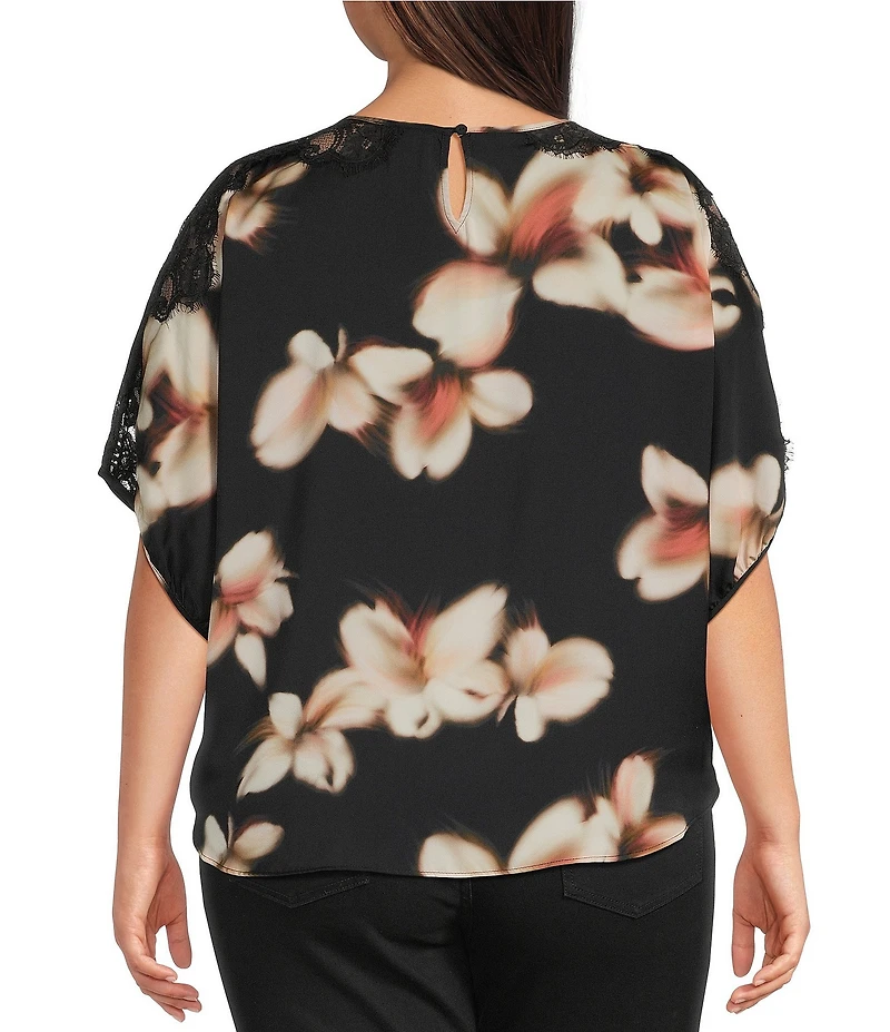 Democracy Plus Size Woven Floral Scoop Neck Dolman Lace Inset Sleeve Top