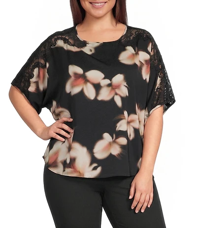 Democracy Plus Size Woven Floral Scoop Neck Dolman Lace Inset Sleeve Top