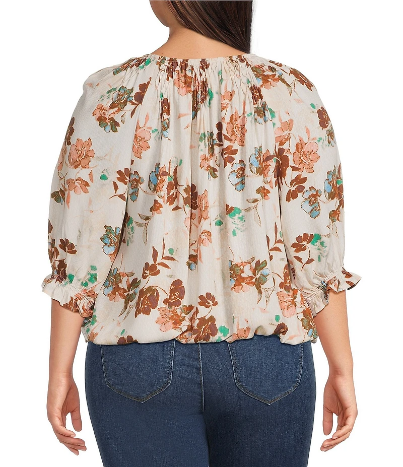 Democracy Plus Size Woven Floral Smocked Neck Elbow Length Blouson Sleeve Bubble Hem Top