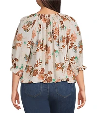 Democracy Plus Size Woven Floral Smocked Neck Elbow Length Blouson Sleeve Bubble Hem Top