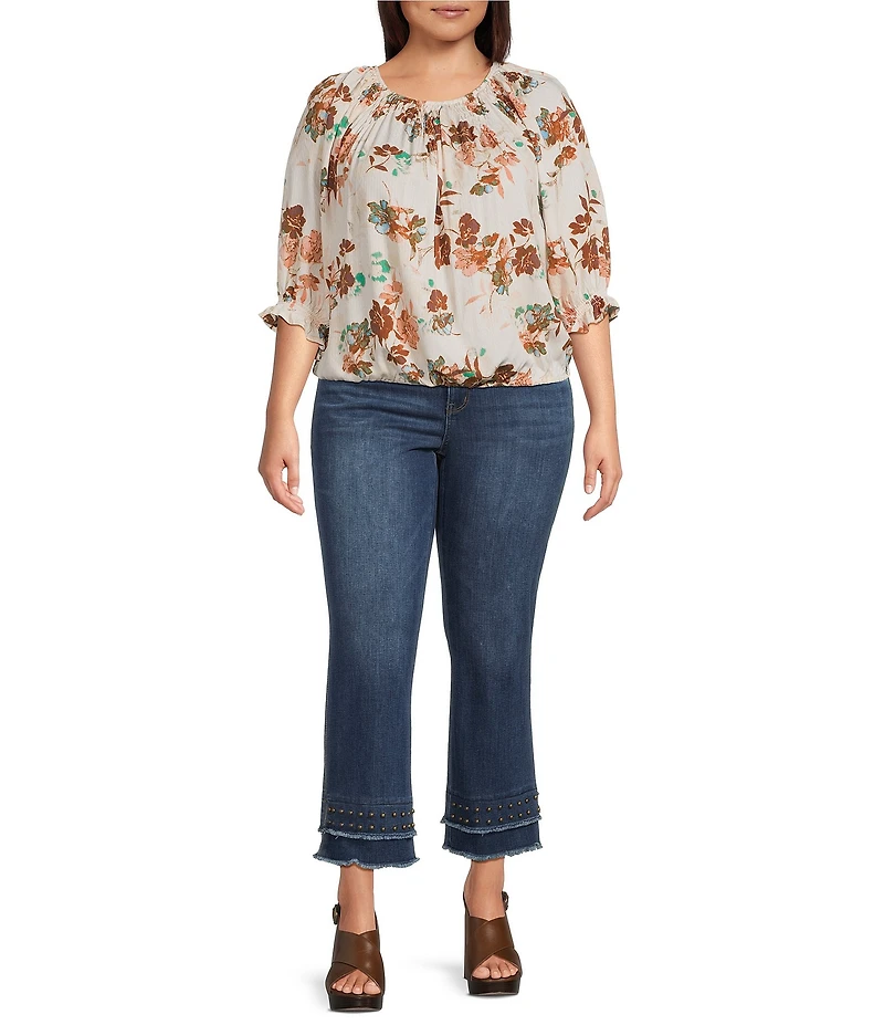 Democracy Plus Size Woven Floral Smocked Neck Elbow Length Blouson Sleeve Bubble Hem Top
