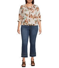 Democracy Plus Size Woven Floral Smocked Neck Elbow Length Blouson Sleeve Bubble Hem Top