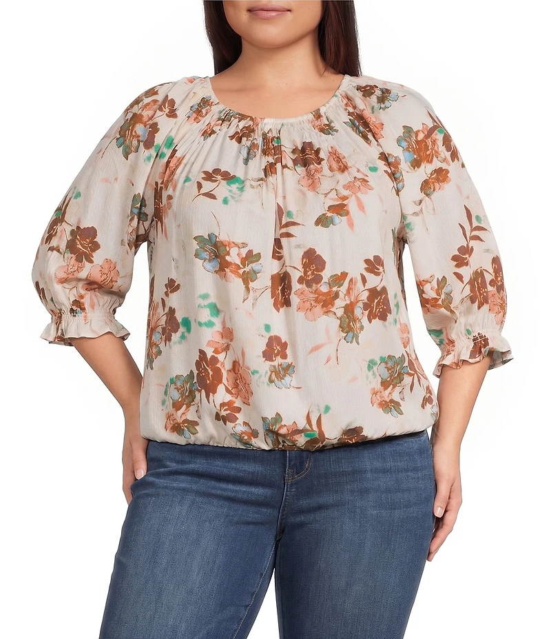 Democracy Plus Size Woven Floral Smocked Neck Elbow Length Blouson Sleeve Bubble Hem Top