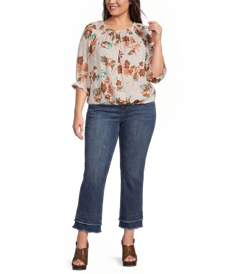 Democracy Plus Size Woven Floral Smocked Neck Elbow Length Blouson Sleeve Bubble Hem Top