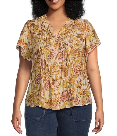 Democracy Plus Size Woven Floral Split V-Neck Short Sleeve Ruched Button-Front Top