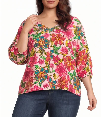 Democracy Plus Size Woven Floral V-Neck 3/4 Kimono Sleeve Shirttail Hem Top