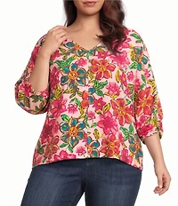 Democracy Plus Size Woven Floral V-Neck 3/4 Kimono Sleeve Shirttail Hem Top
