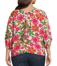 Democracy Plus Size Woven Floral V-Neck 3/4 Kimono Sleeve Shirttail Hem Top