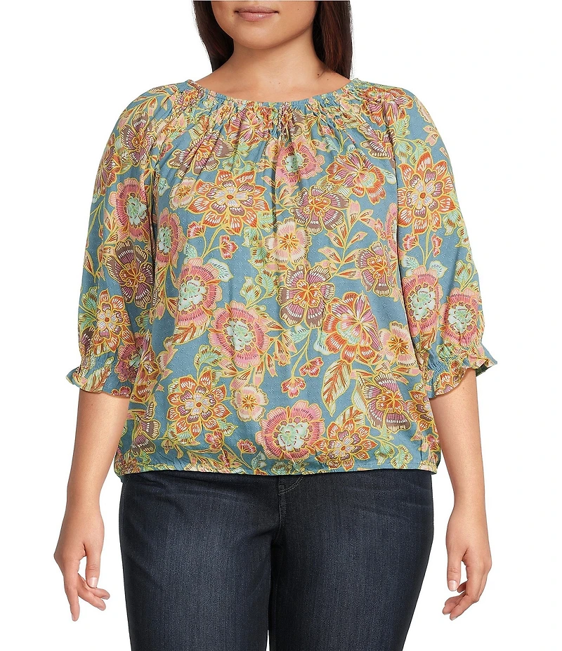 Democracy Plus Size Woven Novelty Print Scoop Neck Elbow Blouson Sleeve Smocked Bubble Hem Top