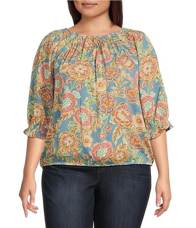 Democracy Plus Size Woven Novelty Print Scoop Neck Elbow Blouson Sleeve Smocked Bubble Hem Top