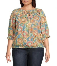 Democracy Plus Size Woven Novelty Print Scoop Neck Elbow Blouson Sleeve Smocked Bubble Hem Top