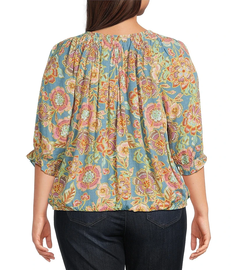 Democracy Plus Size Woven Novelty Print Scoop Neck Elbow Blouson Sleeve Smocked Bubble Hem Top