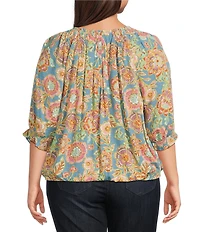 Democracy Plus Size Woven Novelty Print Scoop Neck Elbow Blouson Sleeve Smocked Bubble Hem Top