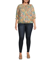 Democracy Plus Size Woven Novelty Print Scoop Neck Elbow Blouson Sleeve Smocked Bubble Hem Top