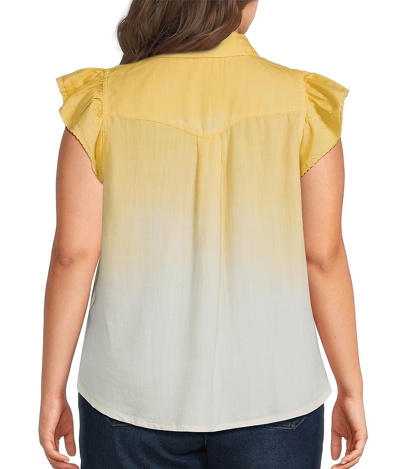 Democracy Plus Size Woven Ombre Collared Cap Flutter Sleeve Button-Front Shirt