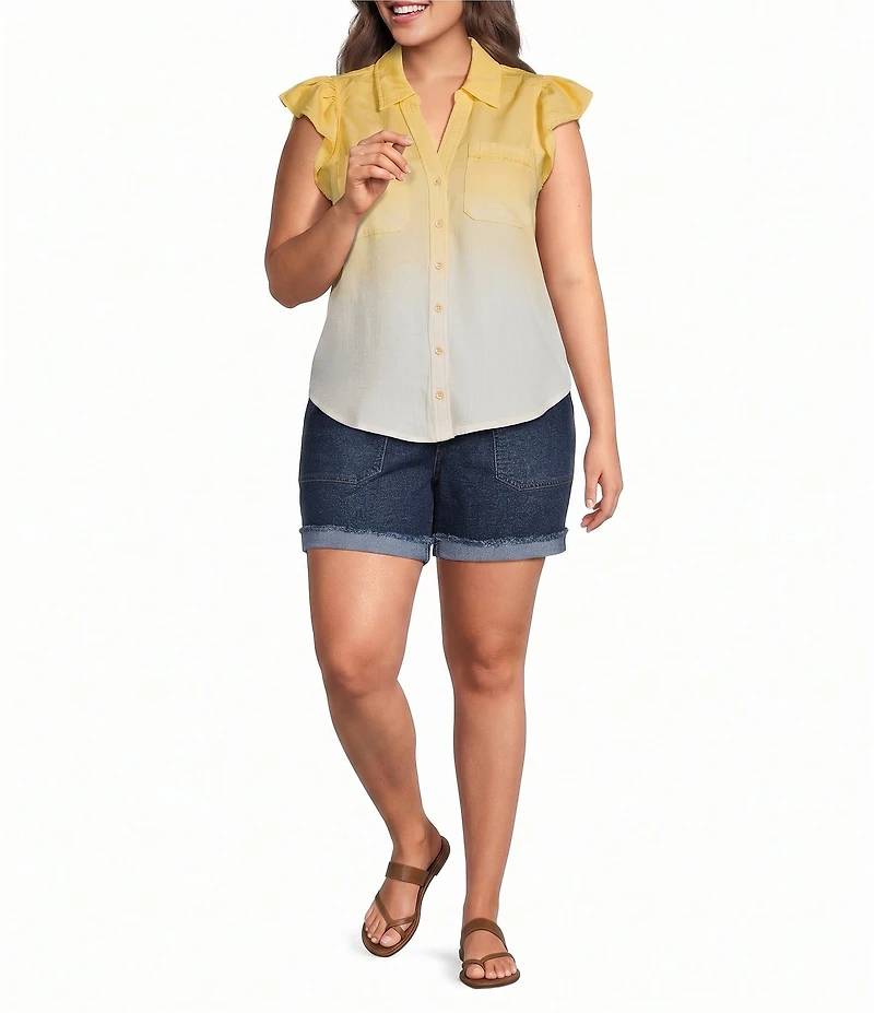 Democracy Plus Size Woven Ombre Collared Cap Flutter Sleeve Button-Front Shirt