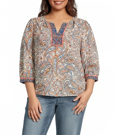 Democracy Plus Size Woven Paisley Floral Split V-Neck 3/4 Sleeve Top