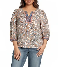 Democracy Plus Size Woven Paisley Floral Split V-Neck 3/4 Sleeve Top