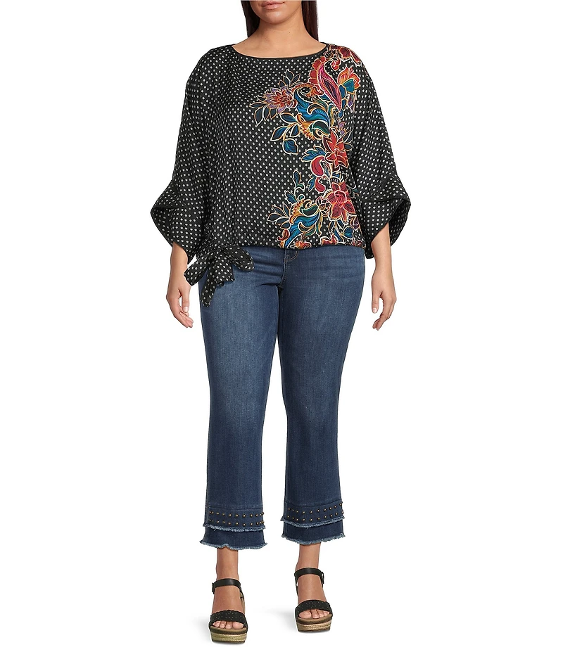 Democracy Plus Size Woven Placement Print Boat Neck 3/4 Dolman Sleeve Bubble Hem Top