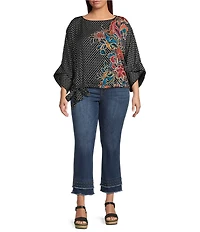 Democracy Plus Size Woven Placement Print Boat Neck 3/4 Dolman Sleeve Bubble Hem Top