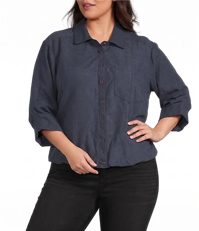 Democracy Plus Size Woven Point Collar 3/4 Tucked Sleeve Bubble Hem Button-Front Shirt