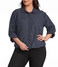 Democracy Plus Size Woven Point Collar 3/4 Tucked Sleeve Bubble Hem Button-Front Shirt