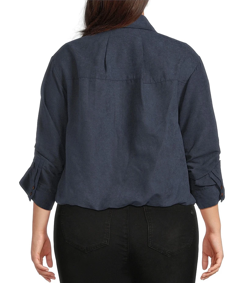 Democracy Plus Size Woven Point Collar 3/4 Tucked Sleeve Bubble Hem Button-Front Shirt