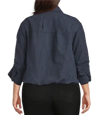 Democracy Plus Size Woven Point Collar 3/4 Tucked Sleeve Bubble Hem Button-Front Shirt