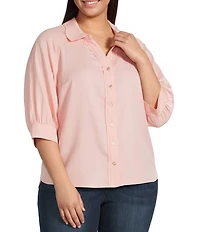 Democracy Plus Size Woven Solid Point Collar 3/4 Sleeve Shirt