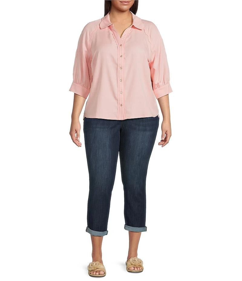 Democracy Plus Size Woven Solid Point Collar 3/4 Sleeve Shirt