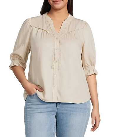 Democracy Plus Size Woven Split V-Neck 3/4 Sleeve Crochet Detail Top