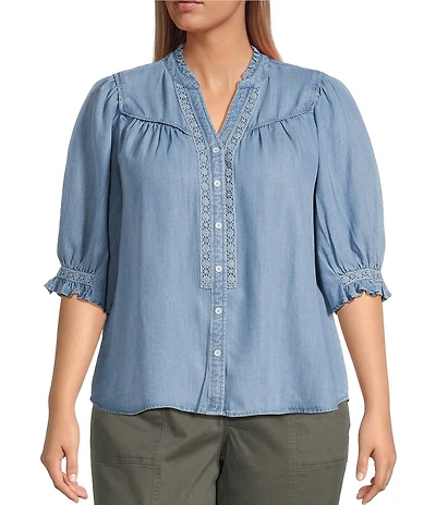 Democracy Plus Size Woven V-Notch Neck Below Elbow Sleeve Crochet Inset Detail Top