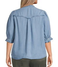 Democracy Plus Size Woven V-Notch Neck Below Elbow Sleeve Crochet Inset Detail Top
